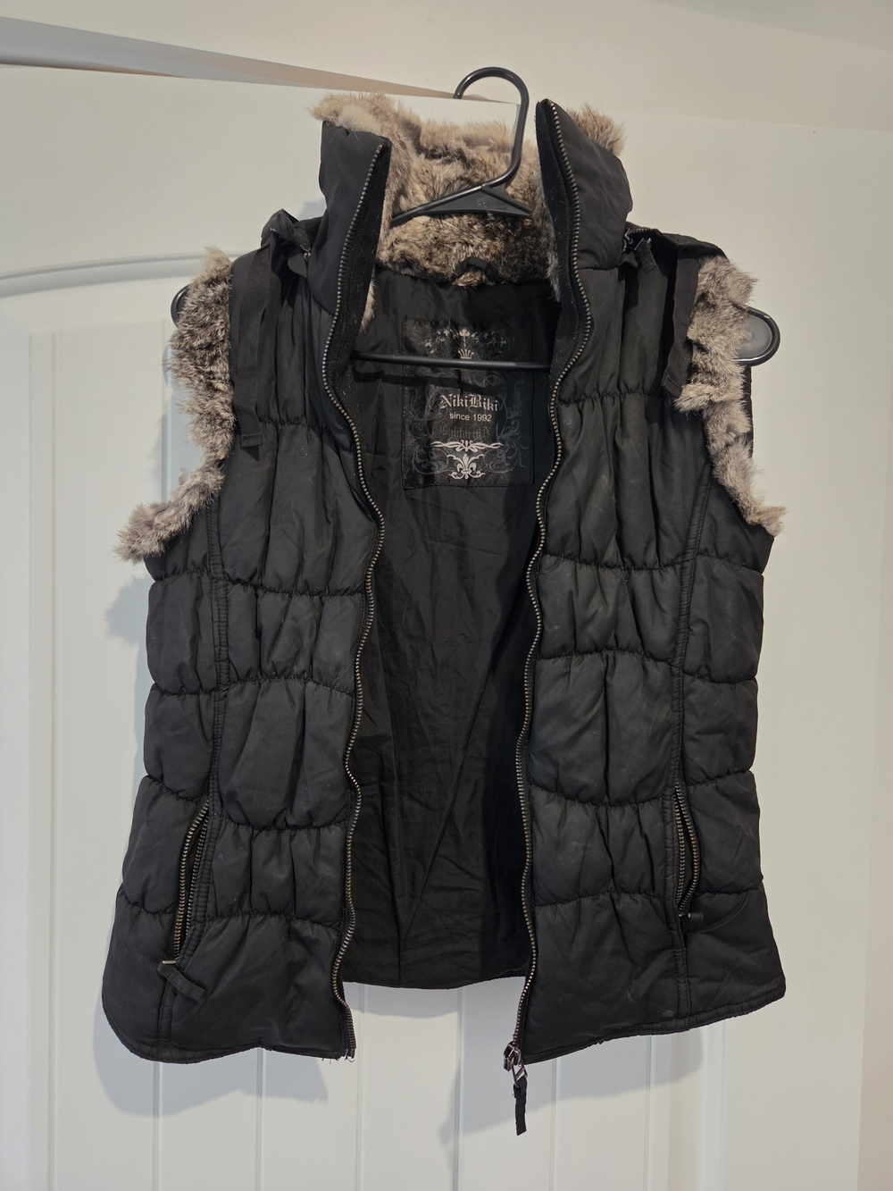 VINTAGE Y2K Niki Biki Black Quilted Faux-Fur Trim Puffer Vest